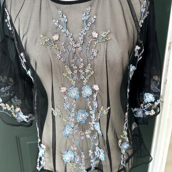 Sheer Black Mesh Ruffle Top Sz M w/ Floral Embroidery Whimsigoth Dark Floral - Picture 1 of 9